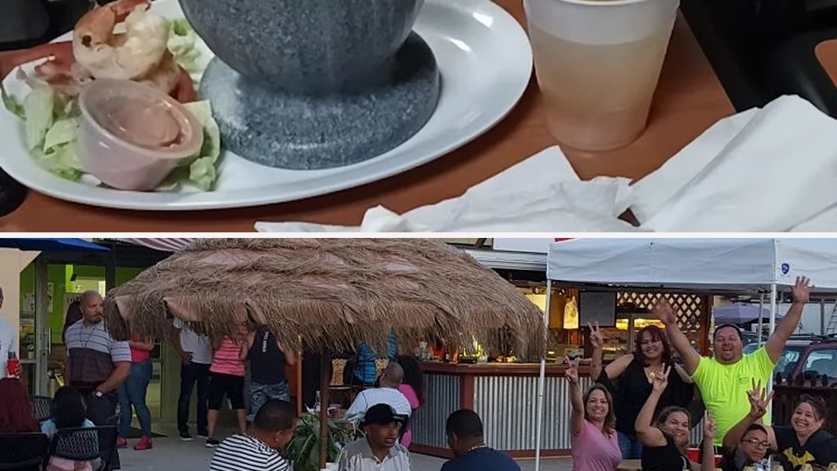 Seafood dishes served in a bright restaurant.