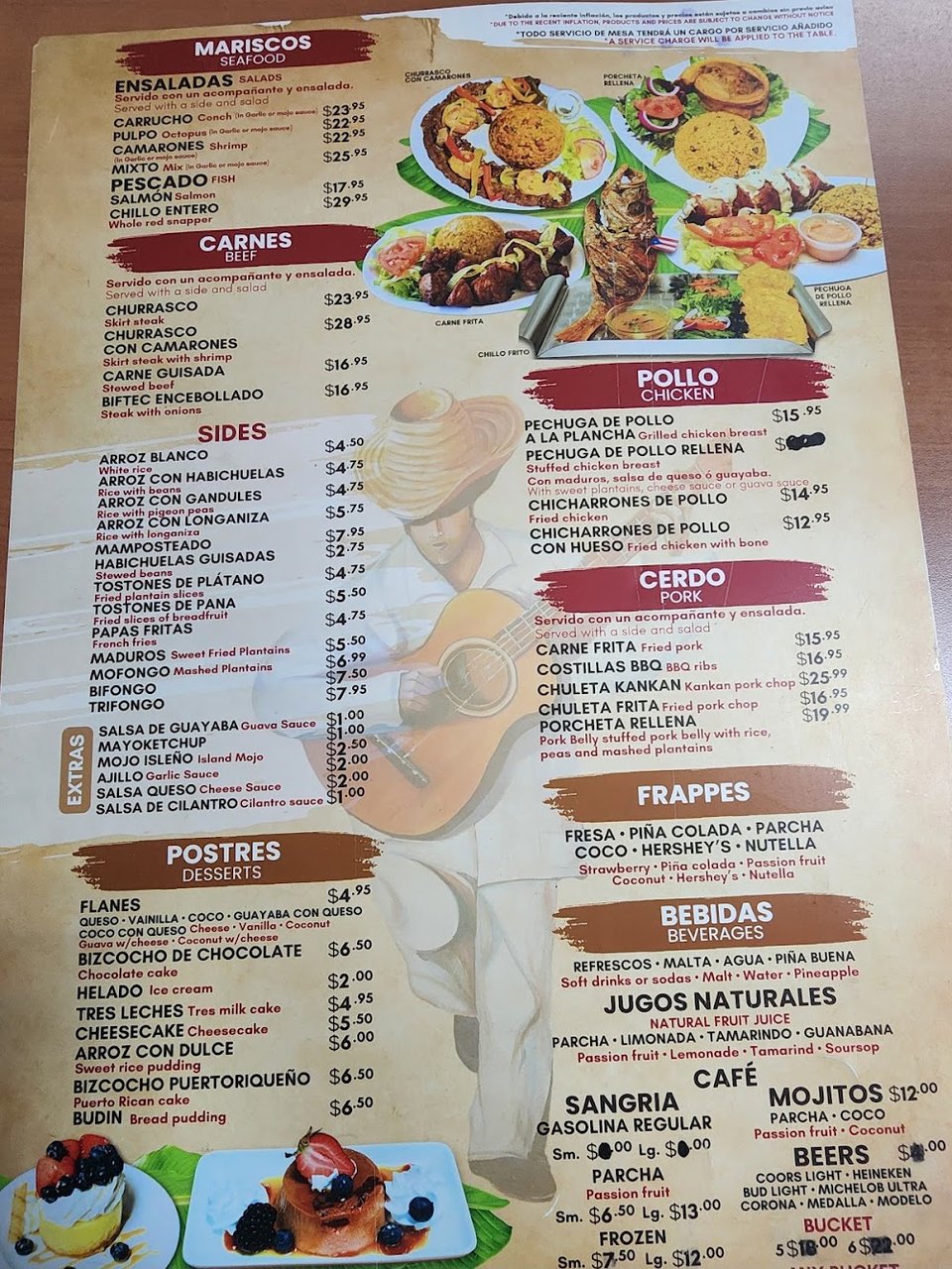 Menu page with Puerto Rican dishes listed.