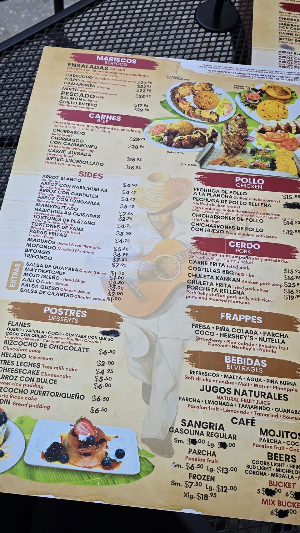 Sections for mofongo, fritters, and seafood salads.