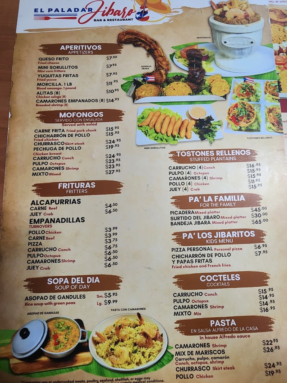 Menu board with Spanish and English item names.